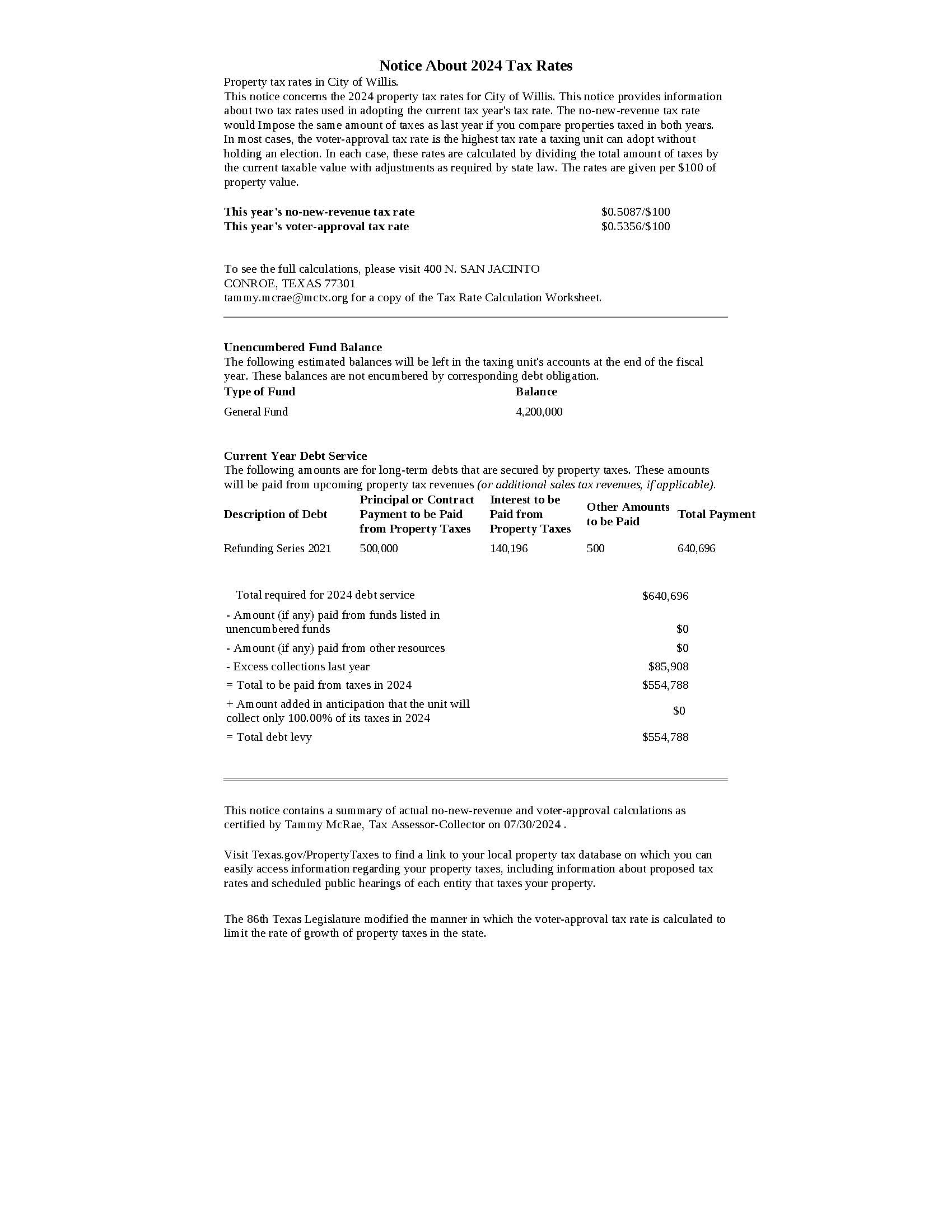 City of Willis Notice of Rates